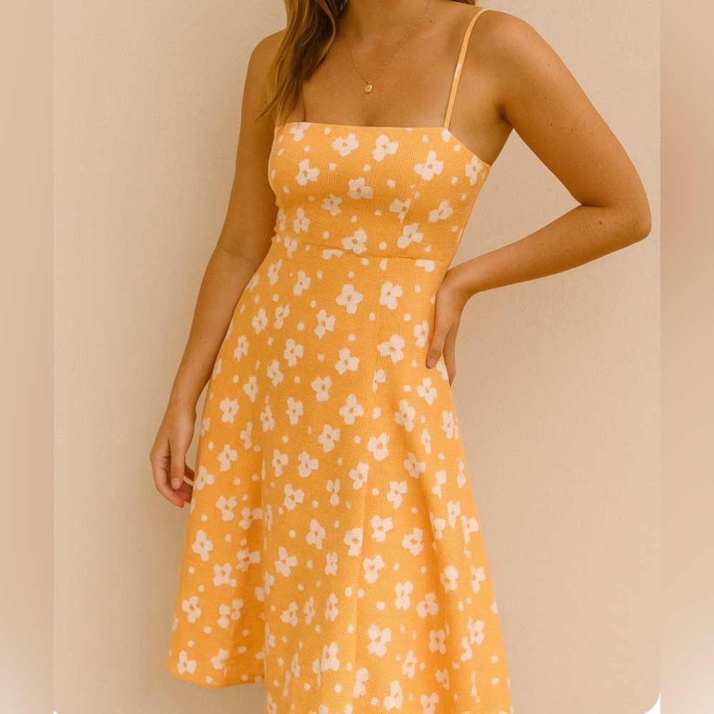 Vintage 90s/Y2K Helen Wang Cotton Floral Spaghetti Strap Midi Yellow Dress‎ Sz 8